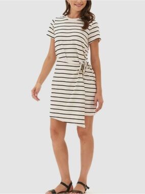 Threads 4 Thought Cream and Black Striped Tie-Waist Short Dress